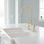 Unlacquered Brass Bridge Kitchen Faucet, Farmhouse Sink Mixer Tap, Vintage Gooseneck Faucet Fixture