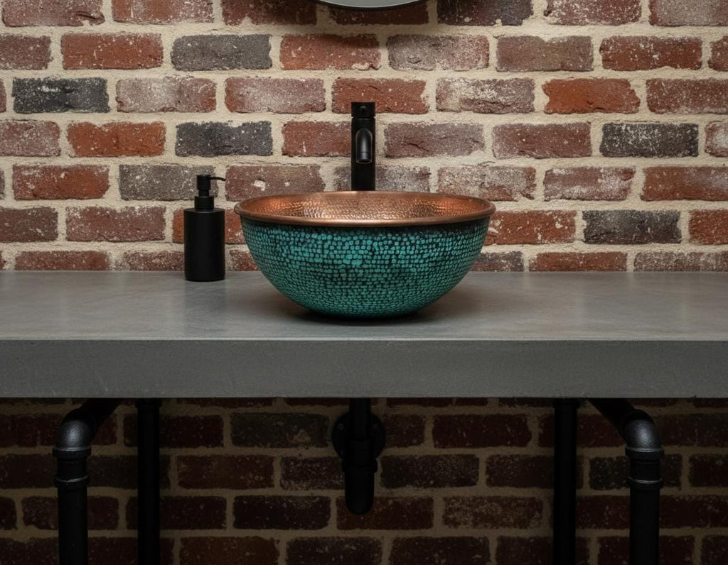 Handmade Turquoise Patina Copper Vessel Sink with Hammered Interior for Modern Bathroom Vanity Decor
