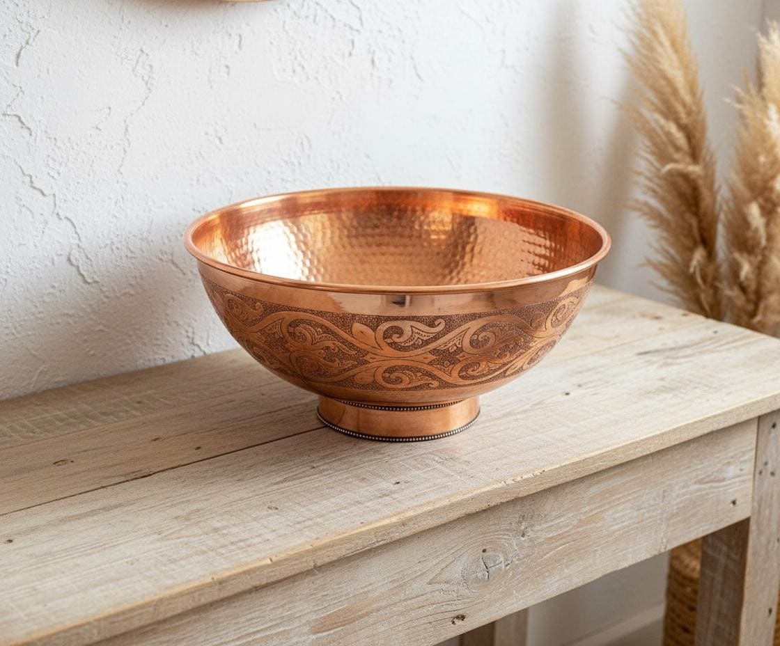 Handmade Solid Copper Vessel Sink with Engraved Bowl Design, Bathroom Vanity Countertop Basin