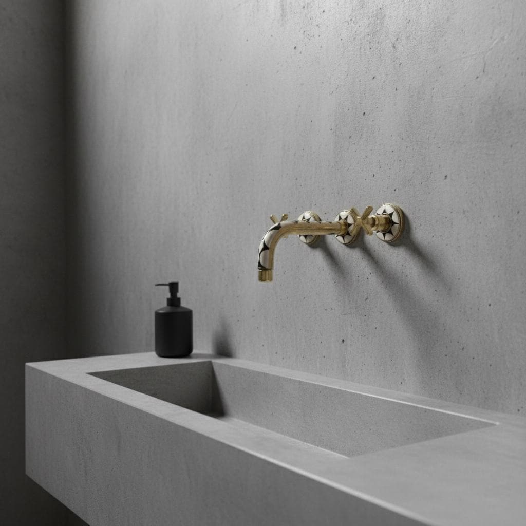 Wall-Mount Faucet – Unlacquered Brass & Resin Handle Bathroom Tap, Handmade Art Deco Basin Mixer