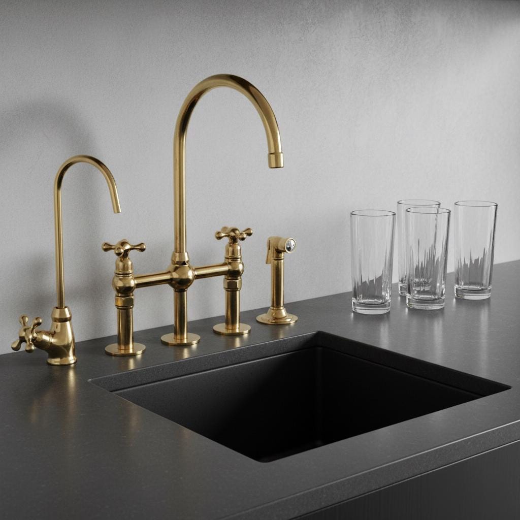 Unlacquered Brass Bridge Kitchen Faucet – Solid Brass Farmhouse Tap with Sprayer