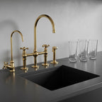 Unlacquered Brass Bridge Kitchen Faucet – Solid Brass Farmhouse Tap with Sprayer
