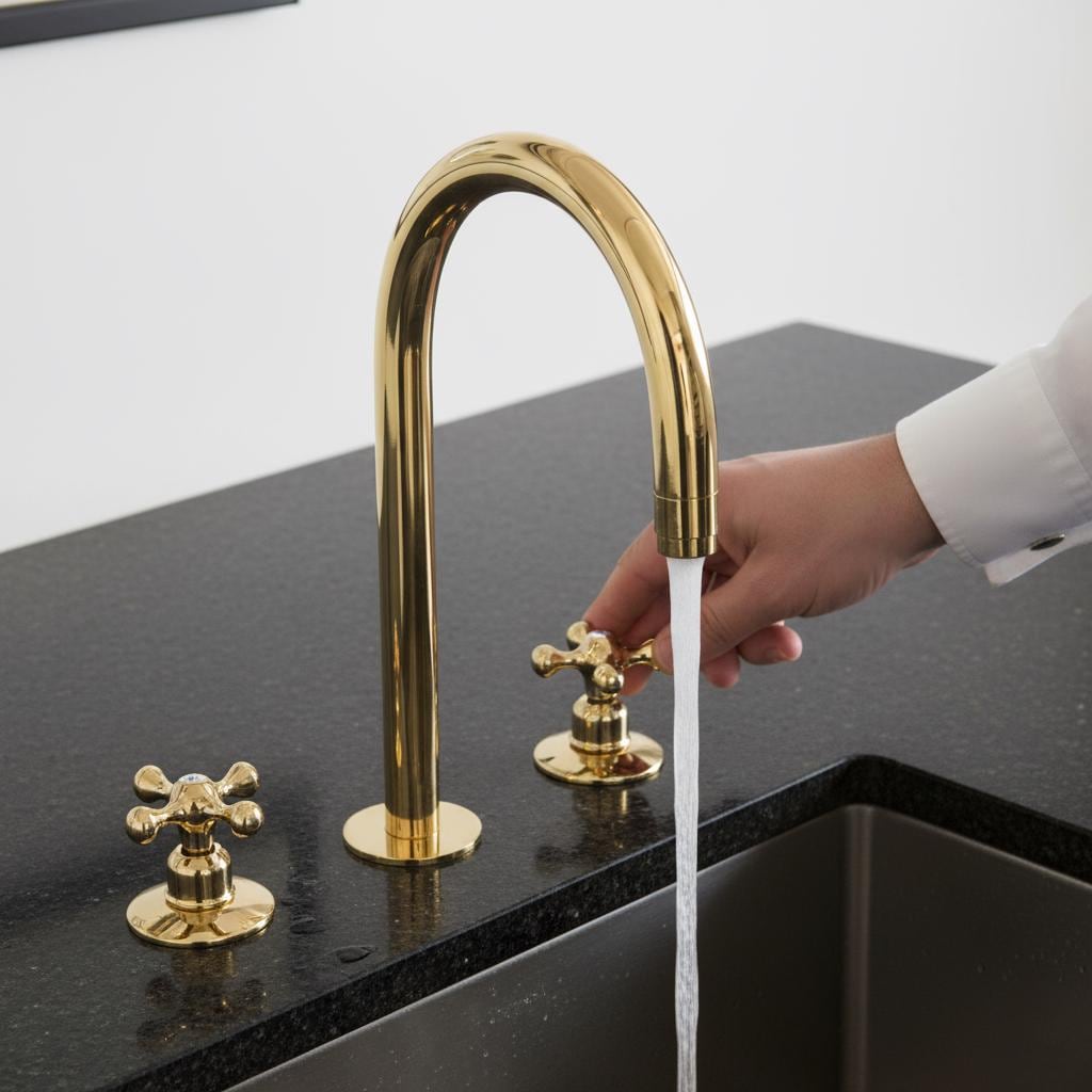 Unlacquered Brass 3-Hole Faucet – Handmade Solid Brass Gooseneck Mixer Tap with Cross Handles