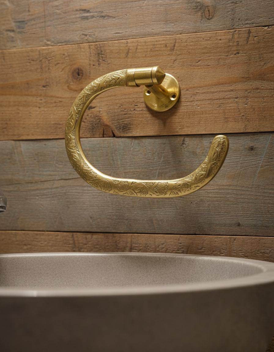 Gold towel hook on a wooden wall above a sink
