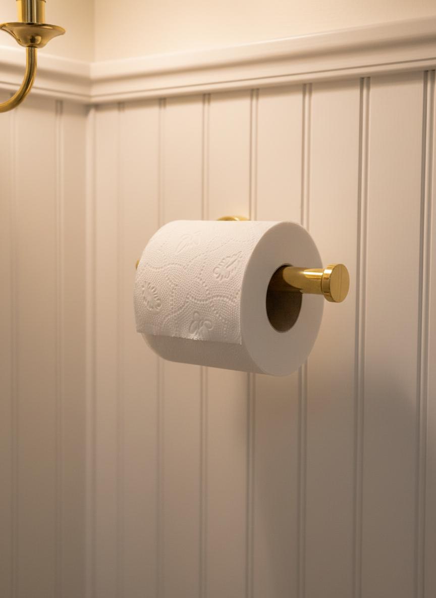 Toilet paper roll on a gold holder against a white paneled wall.