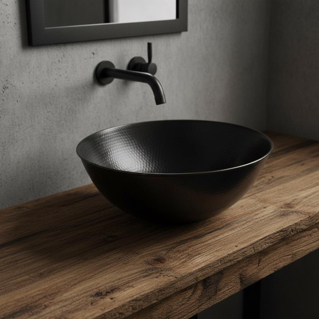 Handmade Hammered Round Vessel Sink Solid Copper Basin with Matte Black Finish for Elegant Luxury Interiors