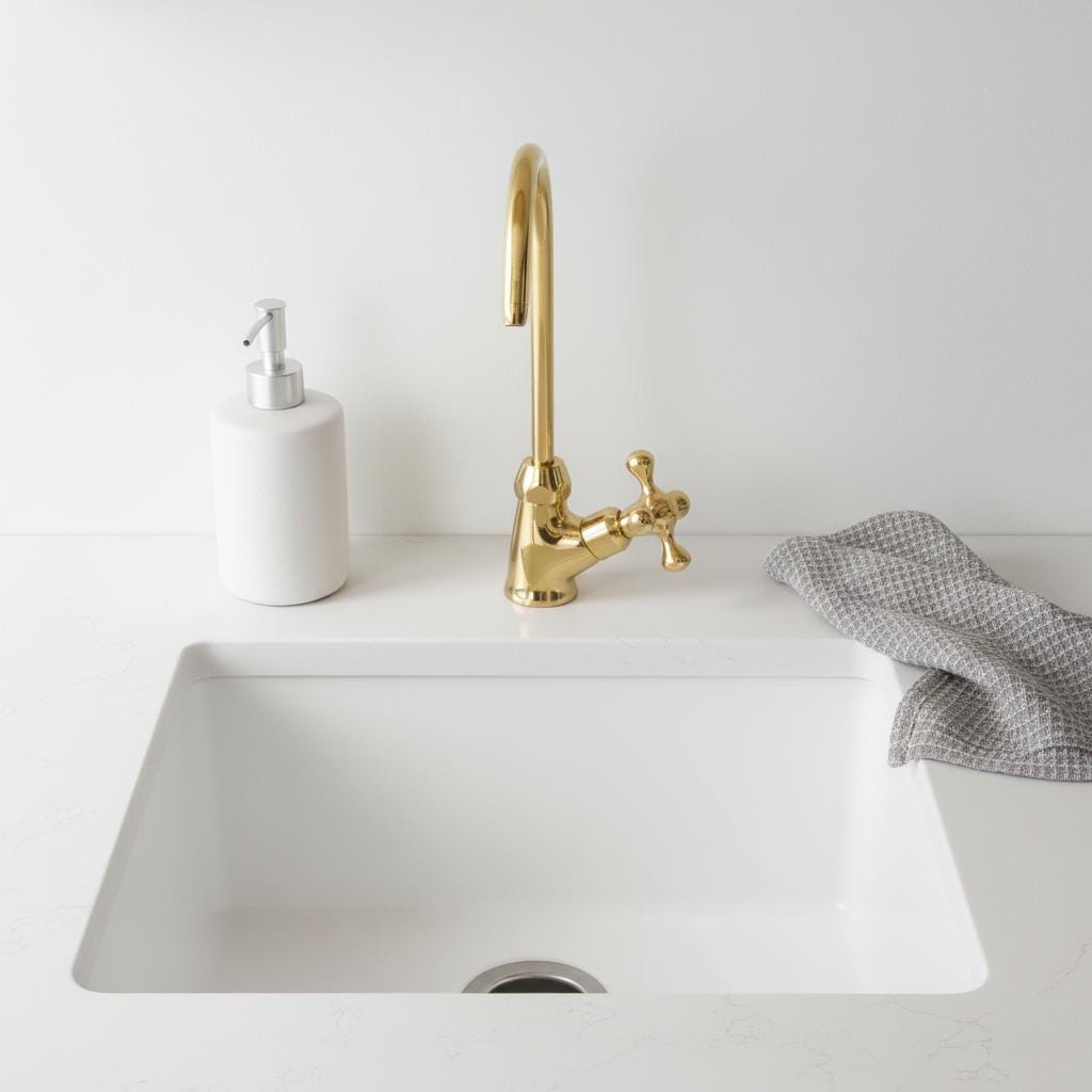 Gold faucet on a white kitchen sink with a gray towel and soap dispenser.