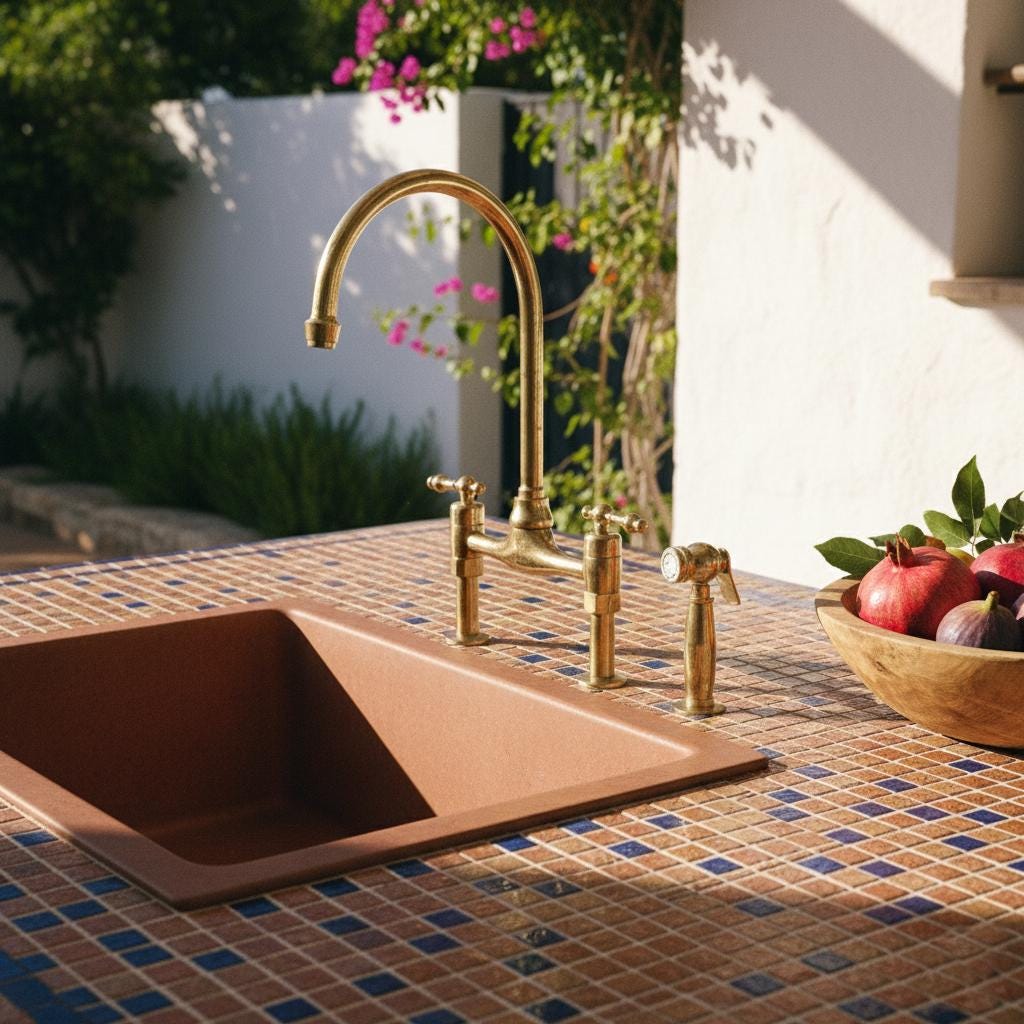 Unlacquered Brass Bridge Kitchen Faucet with Side Sprayer – Farmhouse Sink Mixer Tap, Solid Brass Fixture