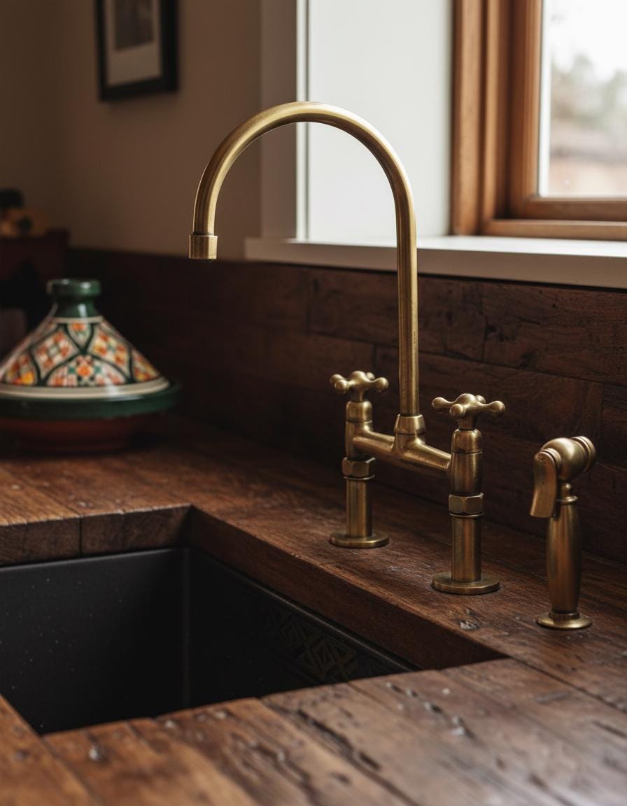 Unlacquered Brass Bridge Faucet with Side Sprayer – Farmhouse Kitchen Sink Mixer, Solid Brass Tap Fixture