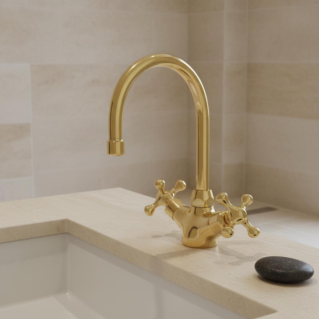 Unlacquered Brass Bathroom Faucet – Handmade Solid Brass Vanity Sink Mixer Tap with Cross Handles