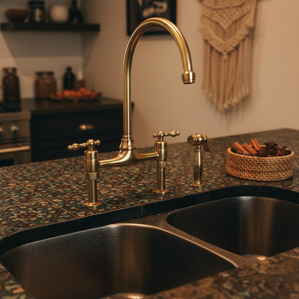Unlacquered Brass Bridge Kitchen Faucet with Side Sprayer – Farmhouse Sink Mixer Tap, Solid Brass Fixture