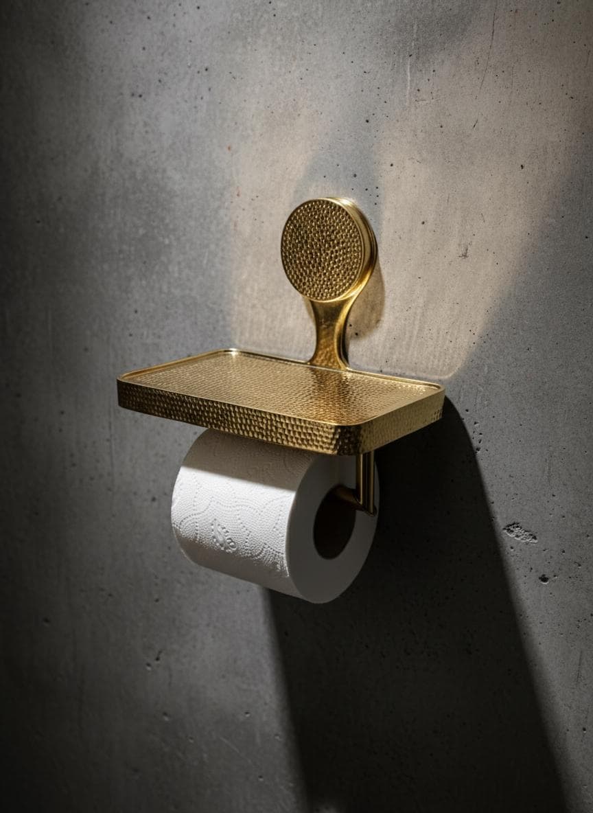 Hammered Brass Toilet Paper Holder with Shelf – Unlacquered Solid Brass Bathroom Fixture