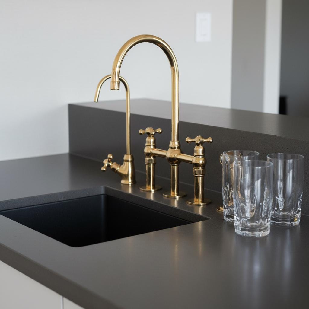 Unlacquered Brass Bridge Kitchen Faucet – Solid Brass Farmhouse Tap with Sprayer