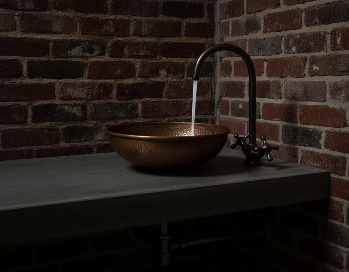 Handmade Hammered Copper Vessel Sink with Aged Bronze Faucet for Rustic Luxury Bathroom Designs