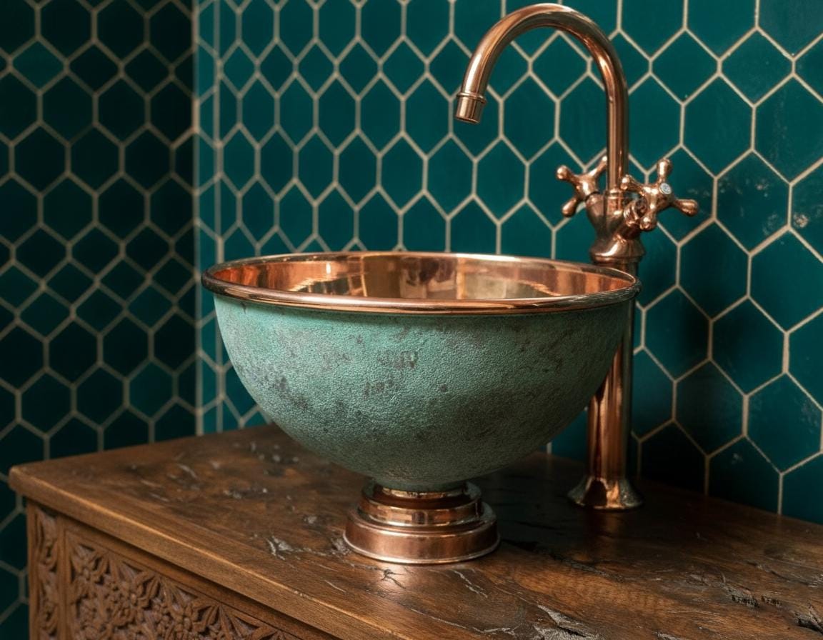Handmade Turquoise Patina Copper Vessel Sink with Faucet for Luxury Artisan Bathroom Vanity Designs