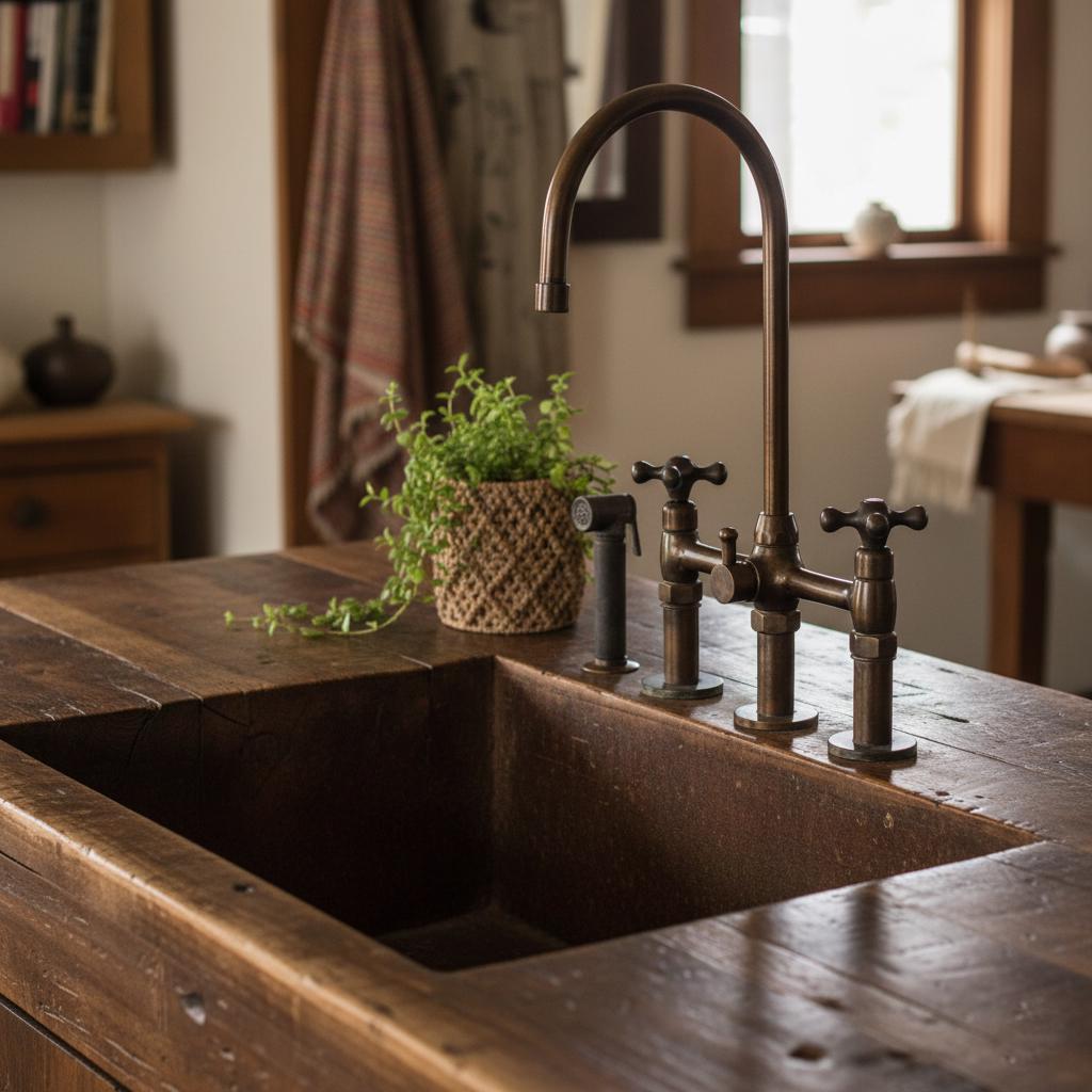 Brass Bridge Faucet with Sprayer – Handmade Kitchen Mixer Tap, Farmhouse Sink Faucet