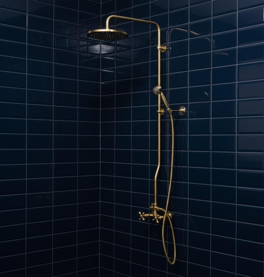 Unlacquered Brass Rainfall Shower with Handheld Sprayer & Cross Handles, Exposed Shower System