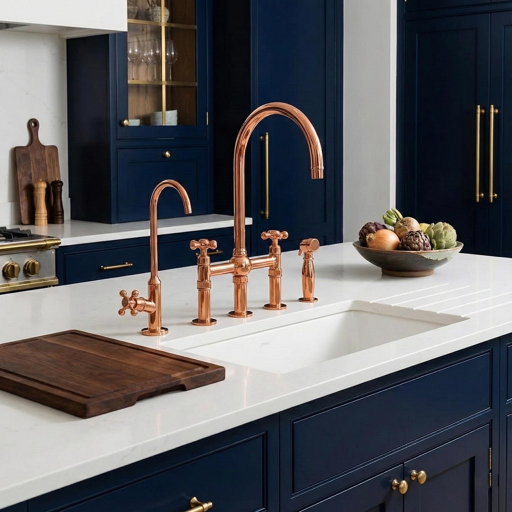 Solid Brass Farmhouse Kitchen Bridge Faucet with Sprayer And Cold Water Tap