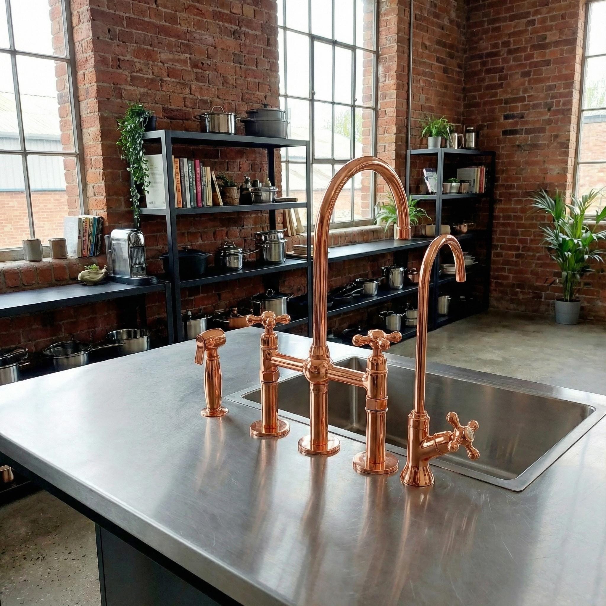 Solid Brass Farmhouse Kitchen Bridge Faucet with Sprayer And Cold Water Tap