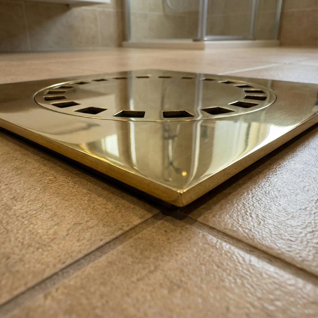 Solid Brass Square Floor Drain Cover – Luxury Shower Drain with Removable Round Strainer for Bathroom