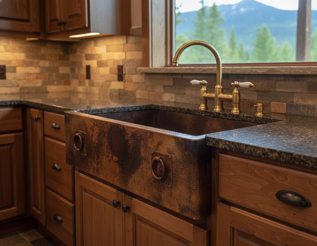 Handmade Fire Patina Farmhouse Apron Sink Solid Hammered Copper Single Bowl Kitchen Statement