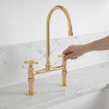 Unlacquered Brass Bridge Kitchen Faucet, Farmhouse Sink Mixer Tap, Vintage Gooseneck Faucet Fixture