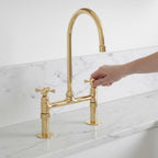 Unlacquered Brass Bridge Kitchen Faucet, Farmhouse Sink Mixer Tap, Vintage Gooseneck Faucet Fixture