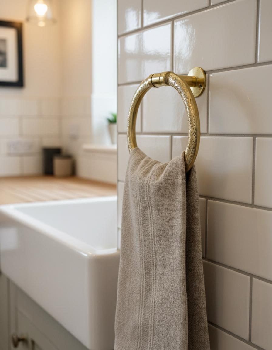 Beige towel hanging on a gold towel ring in a bathroom.