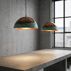 Handmade Copper Pendant Light with Green Patina – Rustic Dome Hanging Ceiling Lamp for Patio, Pergola & Dining Areas