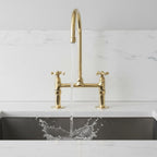Unlacquered Brass Bridge Kitchen Faucet, Farmhouse Sink Mixer Tap, Vintage Gooseneck Faucet Fixture