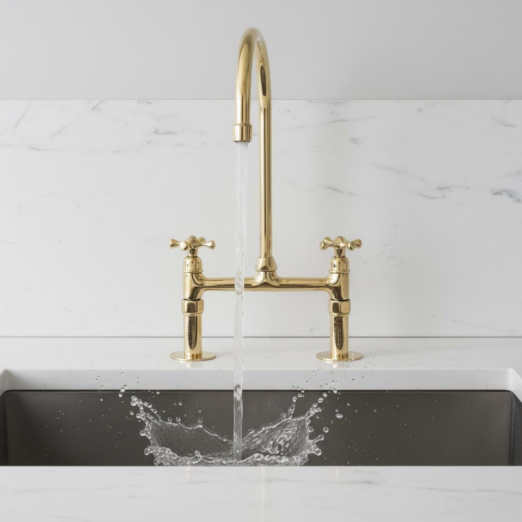 Unlacquered Brass Bridge Kitchen Faucet, Farmhouse Sink Mixer Tap, Vintage Gooseneck Faucet Fixture
