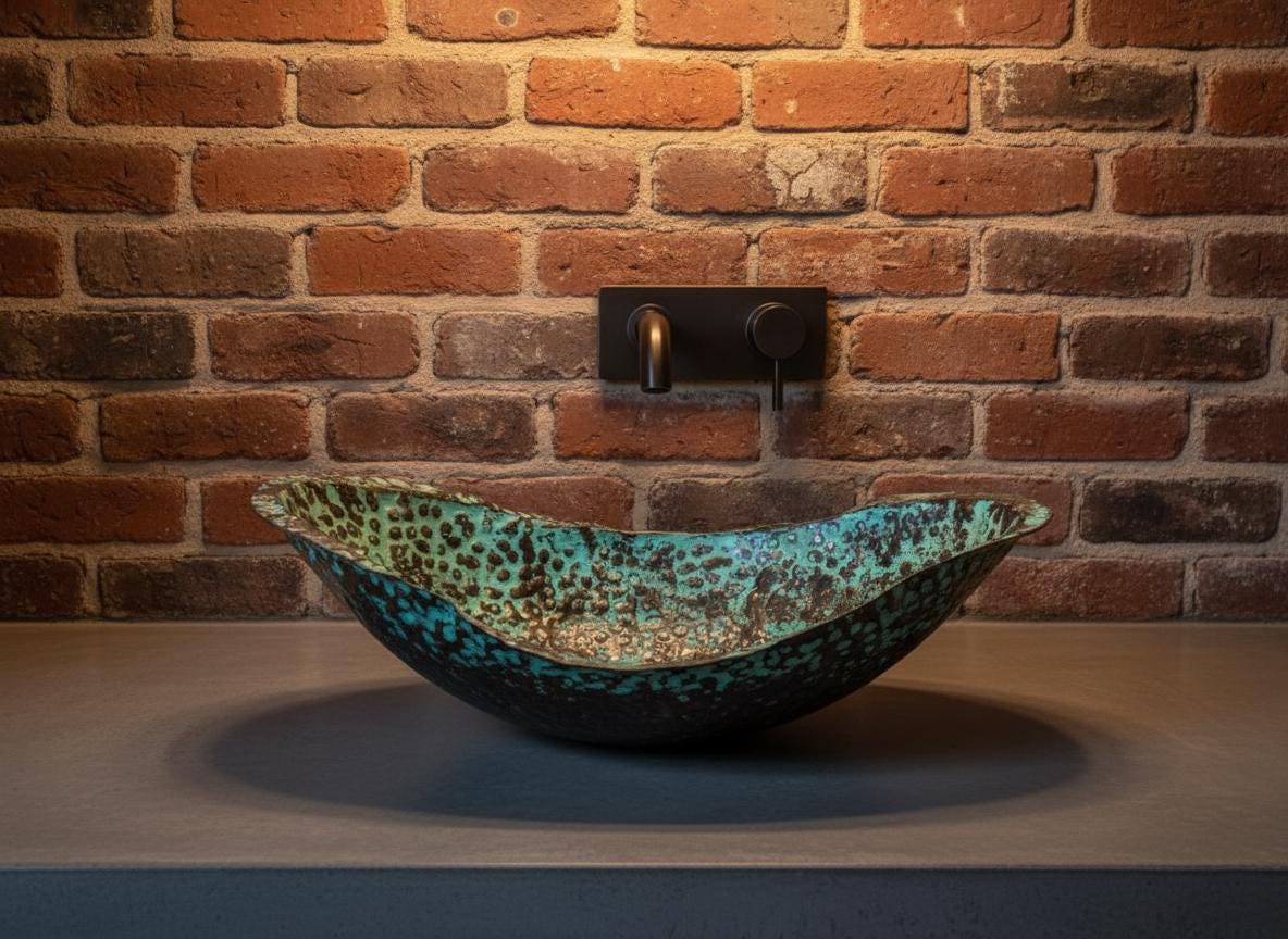Handmade Sculpted Turquoise Patina Copper Vessel Sink for Artistic Luxury Bathroom Vanity Designs