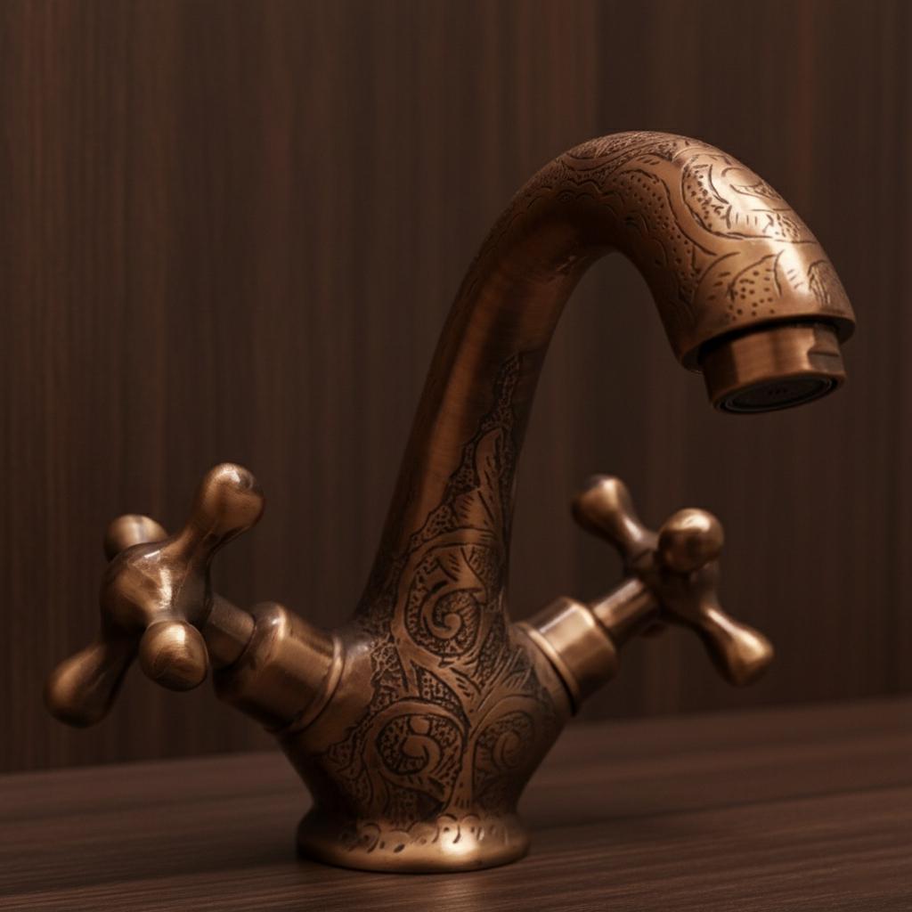 Bronze faucet with intricate designs on a wooden surface