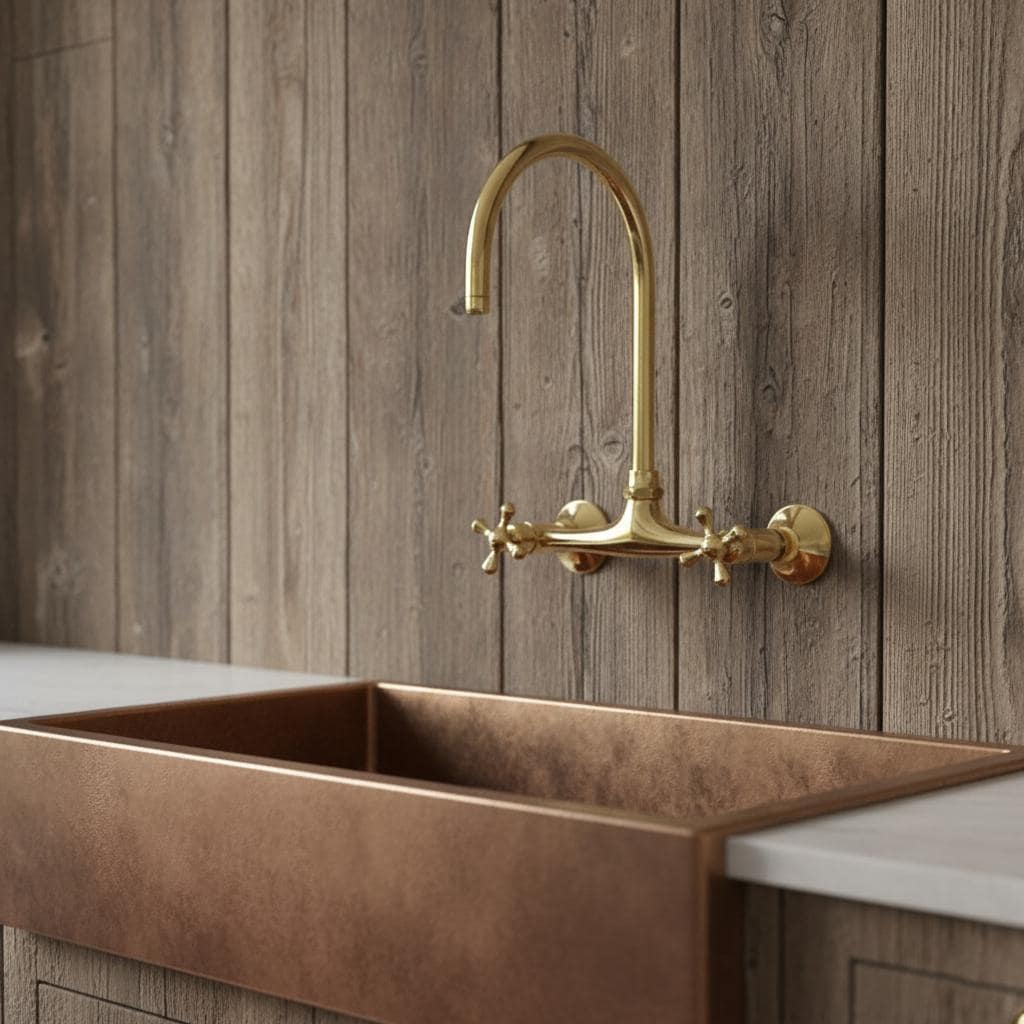 Unlacquered Brass Wall Mount Faucet – Handmade Solid Brass Gooseneck Kitchen Tap with Cross Handles for Farmhouse Sink