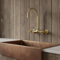 Unlacquered Brass Wall Mount Faucet – Handmade Solid Brass Gooseneck Kitchen Tap with Cross Handles for Farmhouse Sink