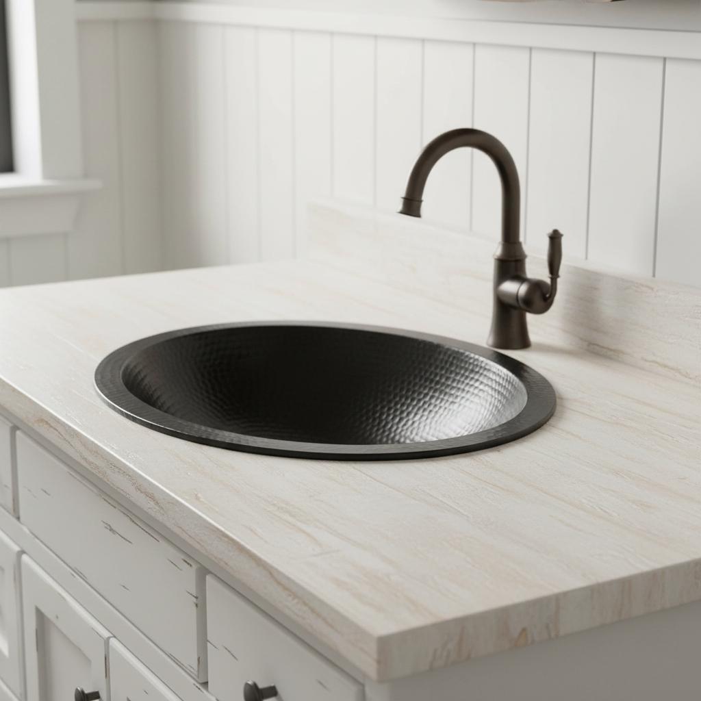 Handmade Hammered Oval Vessel Sink Solid Copper Basin with Matte Black Finish for Elegant Luxury Interiors