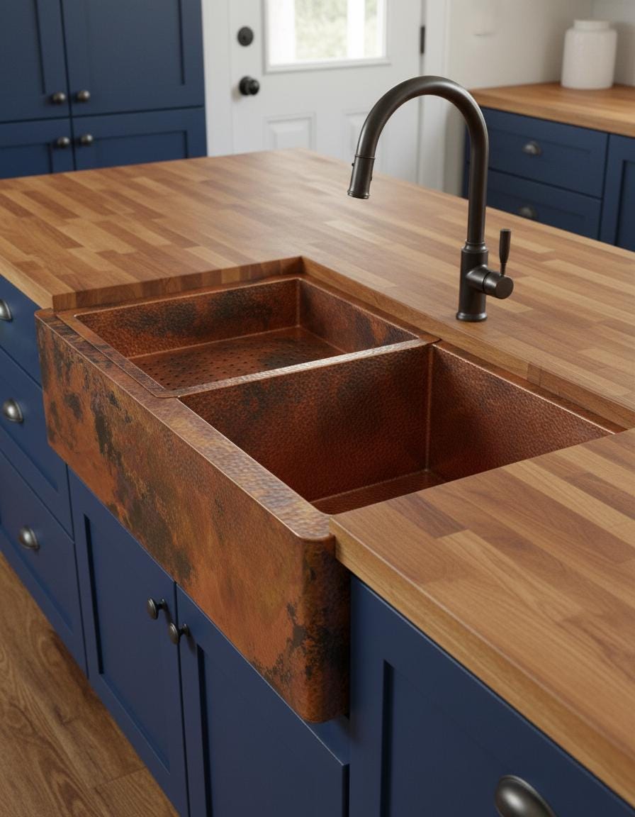 Copper Farmhouse Kitchen Sink – Double Basin Apron Front Workstation with Hammered Texture