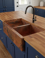 Copper Farmhouse Kitchen Sink – Double Basin Apron Front Workstation with Hammered Texture