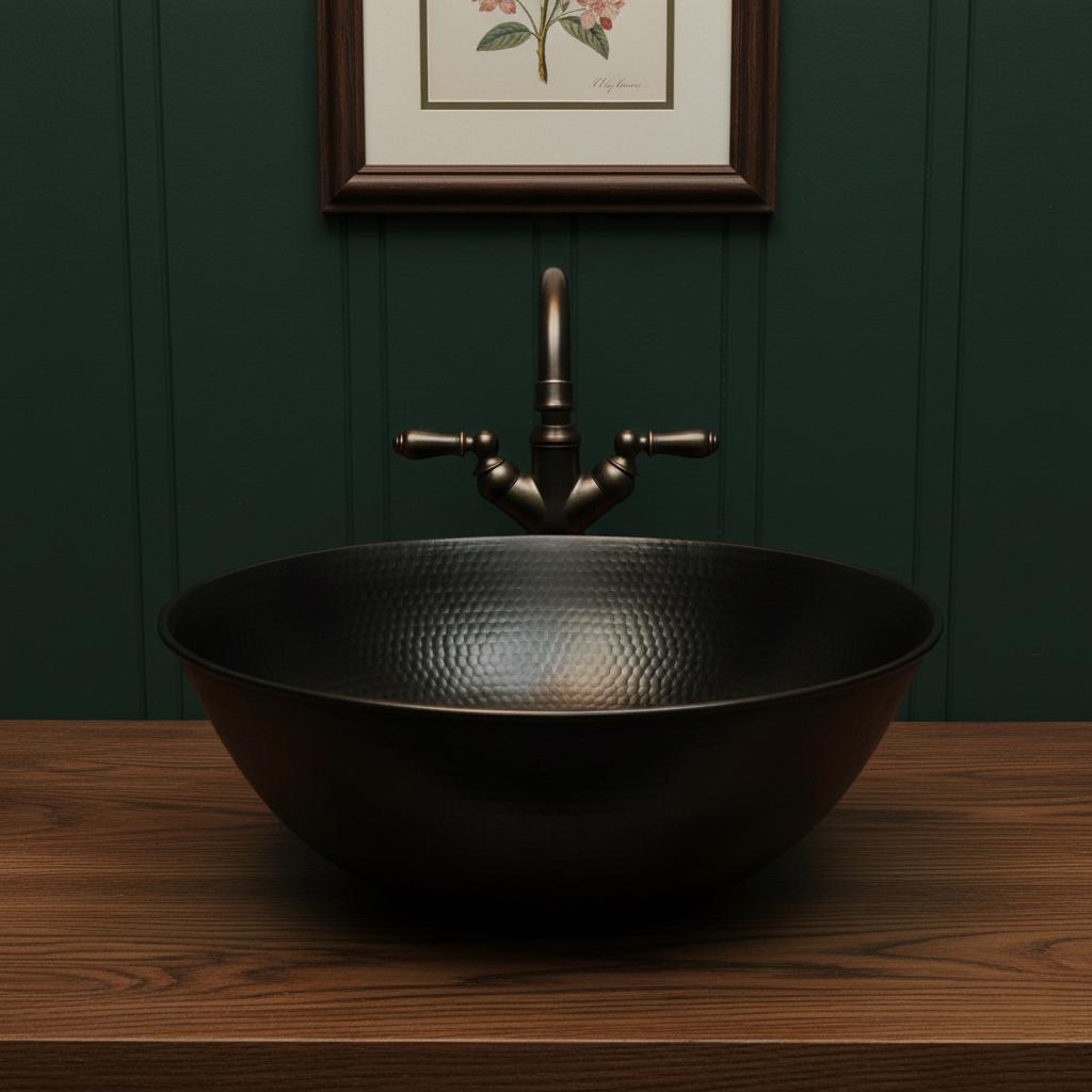 Handmade Hammered Round Vessel Sink Solid Copper Basin with Matte Black Finish for Elegant Luxury Interiors