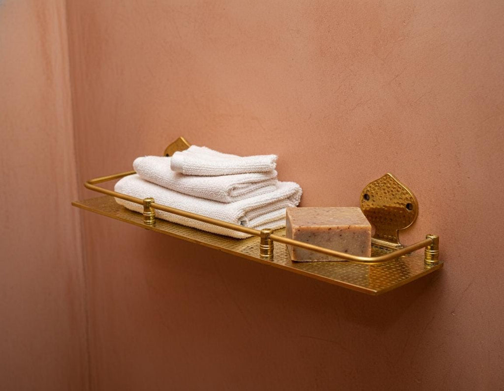 Handmade Hammered Brass Wall Shelf with Decorative Mounts for Luxury Bathrooms