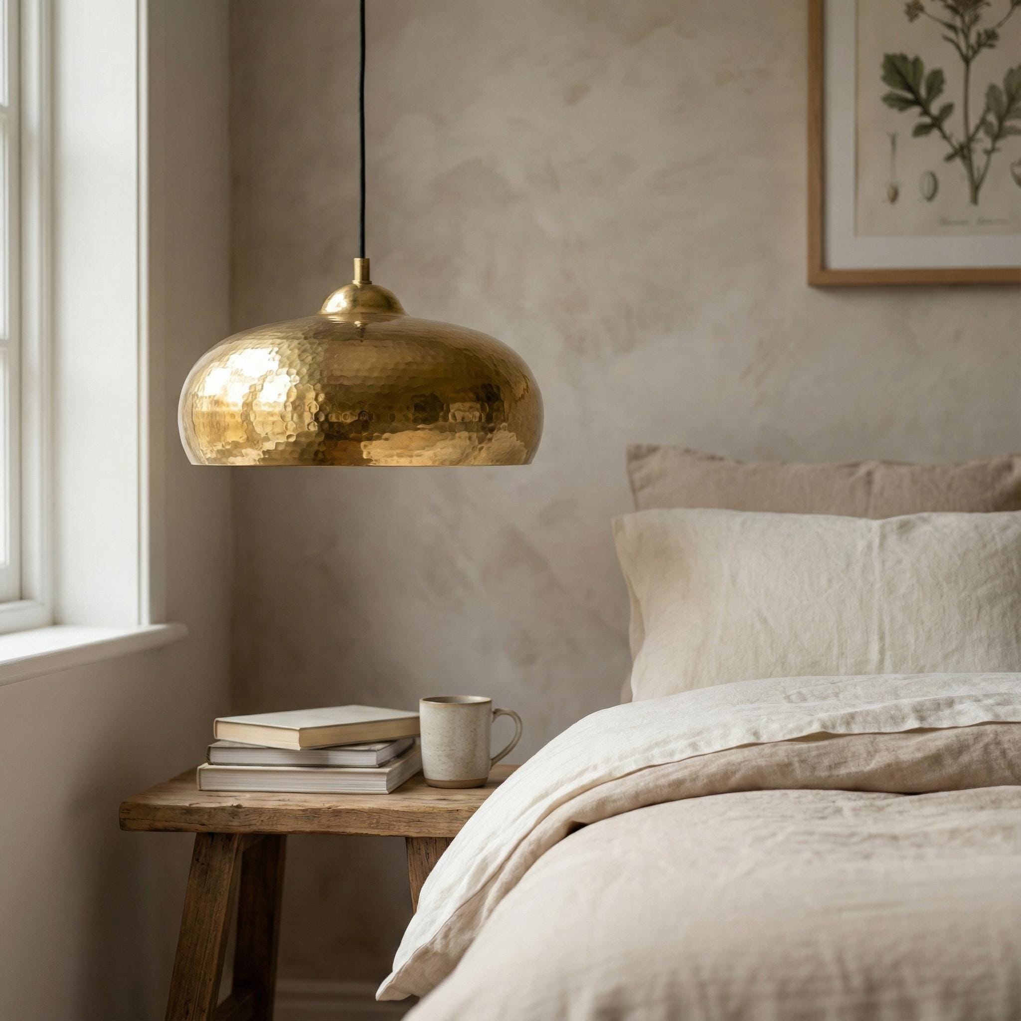 Hand Hammered Brass Pendant Light – Solid Brass Hanging Ceiling Lamp for Kitchen Island, Dining Table, Bar or Entryway