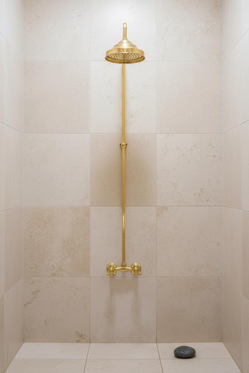 Unlacquered Solid Brass Shower System – Handmade Wall Mount Rainfall Shower with Dual Cross Handles