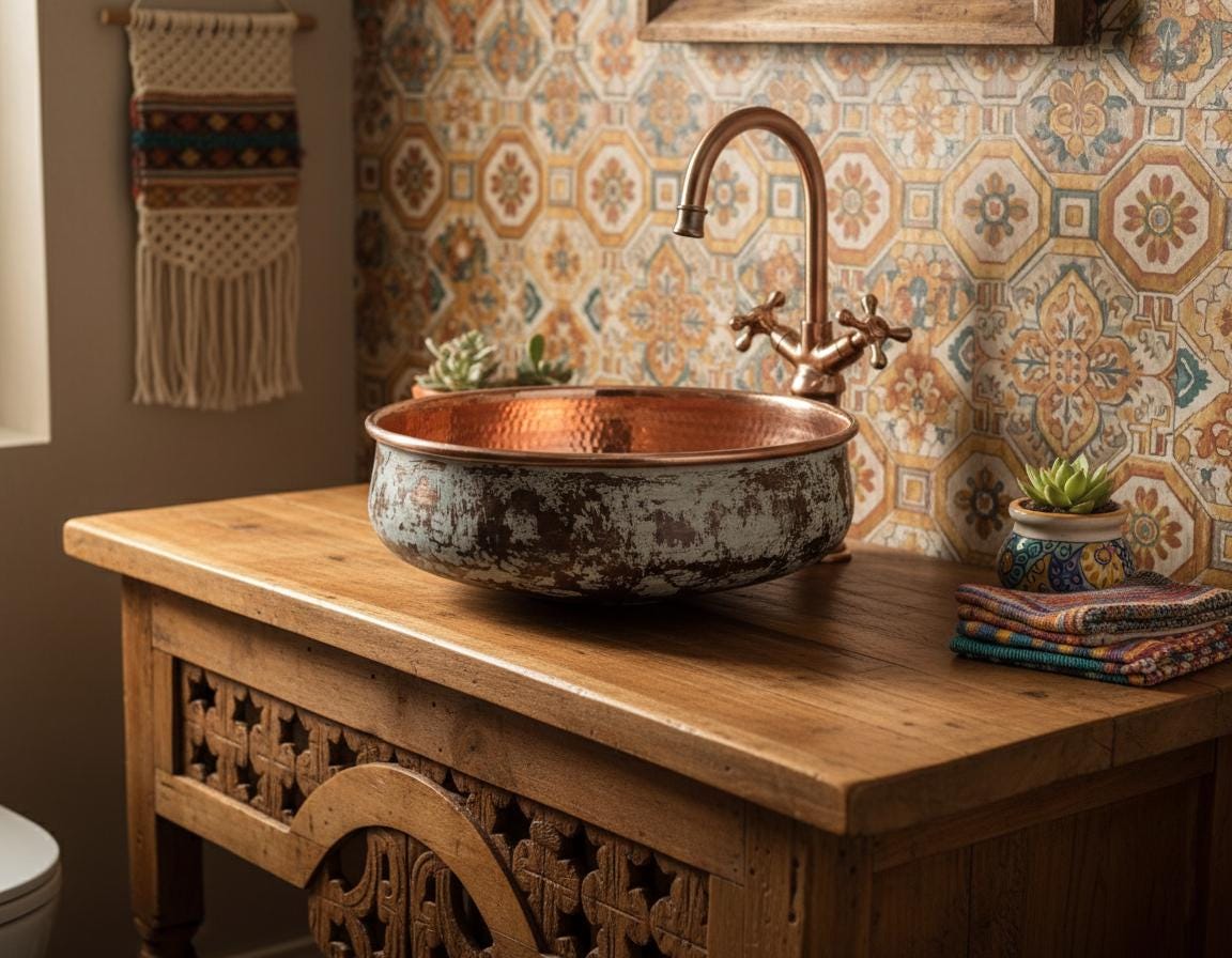 Handmade Patina Copper Vessel Sink with Hammered Interior for Luxury Bathroom Vanity Designs