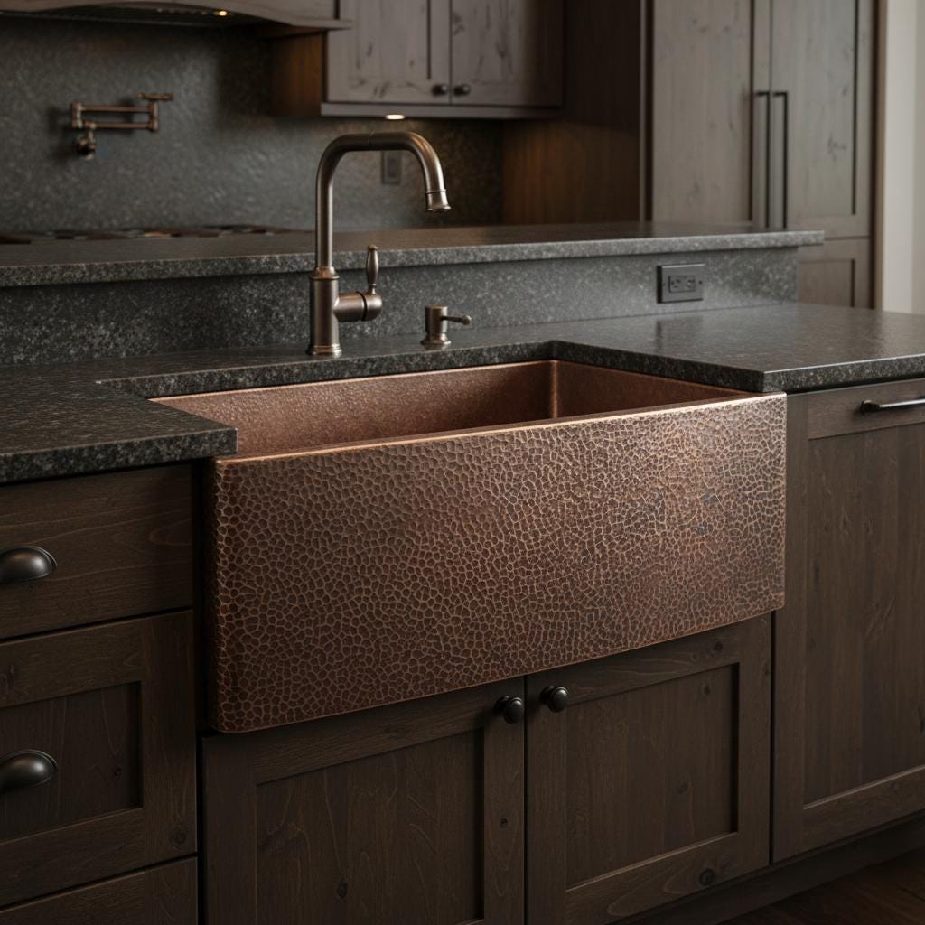 Handmade Hammered Apron Front Farmhouse Sink Solid Copper Single Bowl with Oil Patina