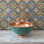 Handmade Turquoise Patina Copper Vessel Sink with Faucet for Luxury Bathroom Vanity Decor