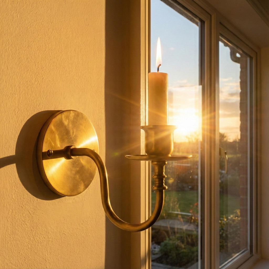 Handmade brass candle holder wall light creating warm ambient lighting for modern home decor