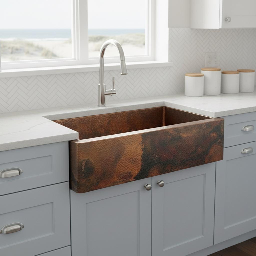 Handmade Fire Patina Hammered Copper Farmhouse Apron Front Sink for Modern Rustic Kitchen Designs