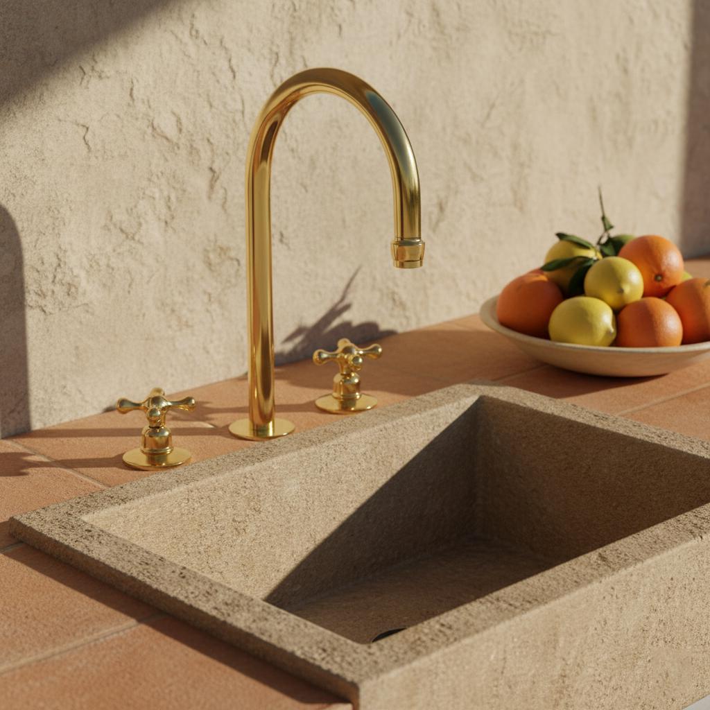 Unlacquered Brass Kitchen Faucet, Solid Brass Bridge Mixer Tap with Cross Handles for Farmhouse Sink