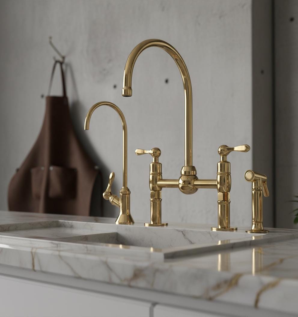 Unlacquered Brass Bridge Faucet Set – Handmade Solid Brass Kitchen Mixer with Filter Tap and Sprayer for Farmhouse Sinks