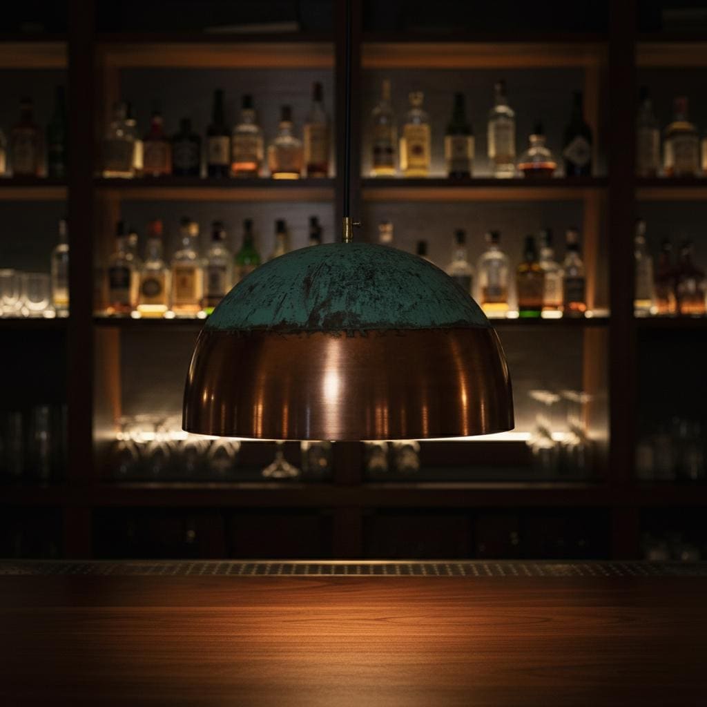 Handmade Copper Dome Pendant Light with Natural Green Patina for Indoor & Outdoor Covered Spaces